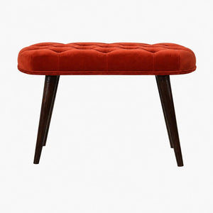 Brick Red Velvet Deep Button Bench | Cotton Velvet | Solid Mango Wood Frame | Statement Seating