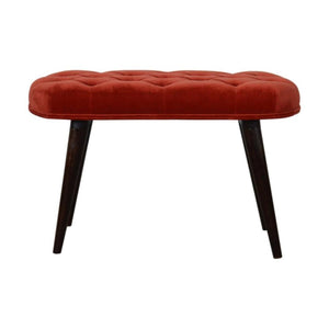 Brick Red Velvet Deep Button Bench | Cotton Velvet | Solid Mango Wood Frame | Statement Seating