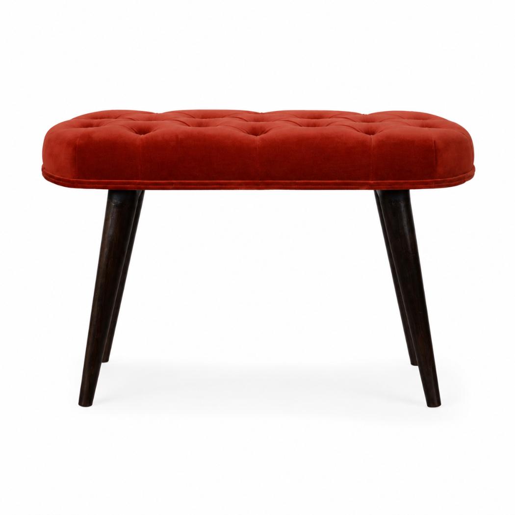 Brick Red Velvet Deep Button Bench | Cotton Velvet | Solid Mango Wood Frame | Statement Seating
