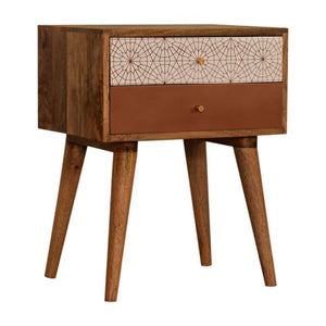 Brick Red Web Pattern Bedside Table | Solid Mango Wood | Oak Finish | 2 Drawers