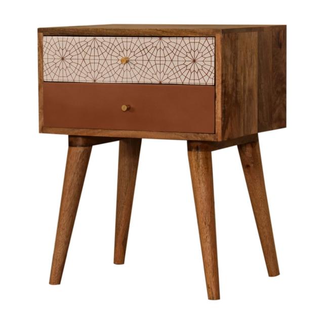 Brick Red Web Pattern Bedside Table | Solid Mango Wood | Oak Finish | 2 Drawers