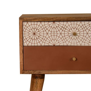 Brick Red Web Pattern Bedside Table | Solid Mango Wood | Oak Finish | 2 Drawers