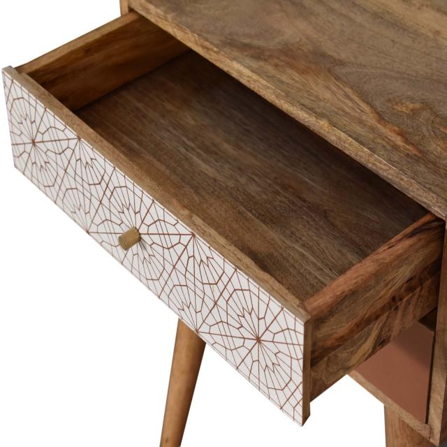 Brick Red Web Pattern Bedside Table | Solid Mango Wood | Oak Finish | 2 Drawers