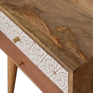 Brick Red Web Pattern Bedside Table | Solid Mango Wood | Oak Finish | 2 Drawers