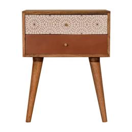 Brick Red Web Pattern Bedside Table | Solid Mango Wood | Oak Finish | 2 Drawers