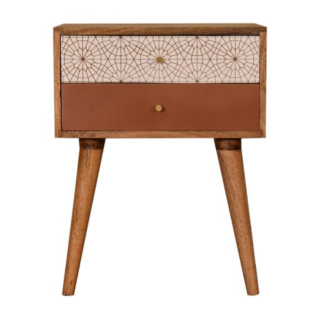 Brick Red Web Pattern Bedside Table | Solid Mango Wood | Oak Finish | 2 Drawers