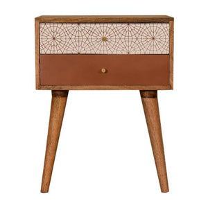 Brick Red Web Pattern Bedside Table | Solid Mango Wood | Oak Finish | 2 Drawers