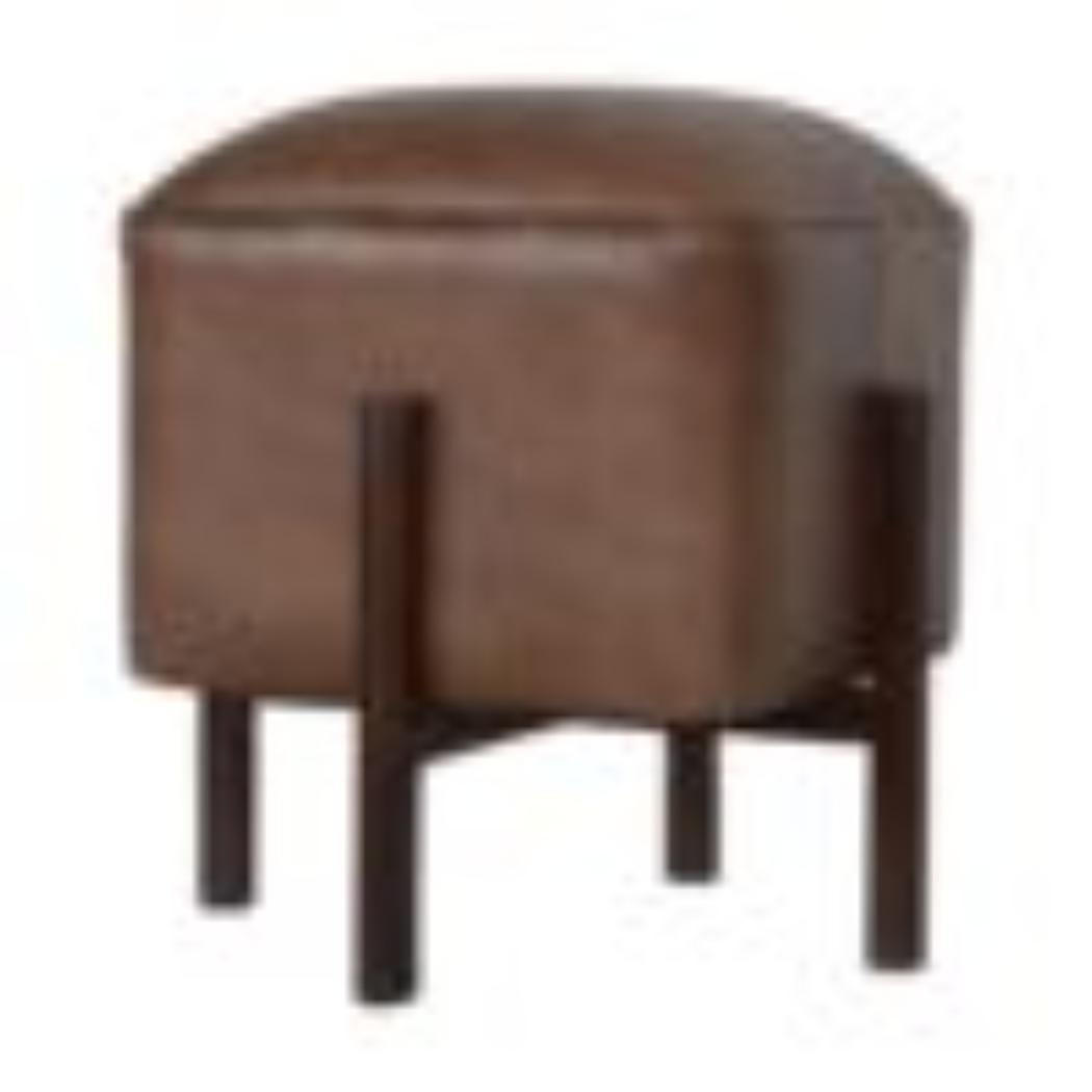 Brown Leather Footstool | Solid Leather | Solid Mango Wood Legs | Compact Accent Seating