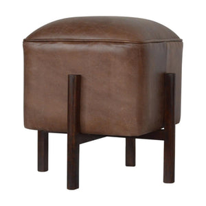 Brown Leather Footstool | Solid Leather | Solid Mango Wood Legs | Compact Accent Seating