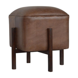 Brown Leather Footstool | Solid Leather | Solid Mango Wood Legs | Compact Accent Seating