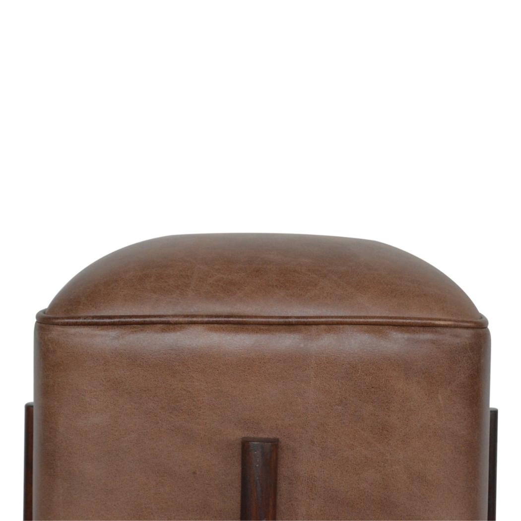 Brown Leather Footstool | Solid Leather | Solid Mango Wood Legs | Compact Accent Seating