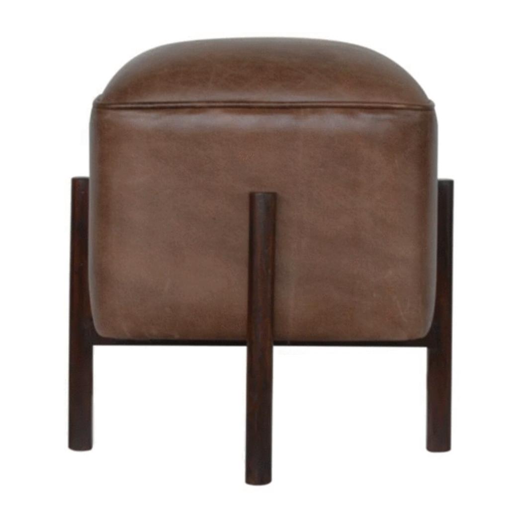Brown Leather Footstool | Solid Leather | Solid Mango Wood Legs | Compact Accent Seating