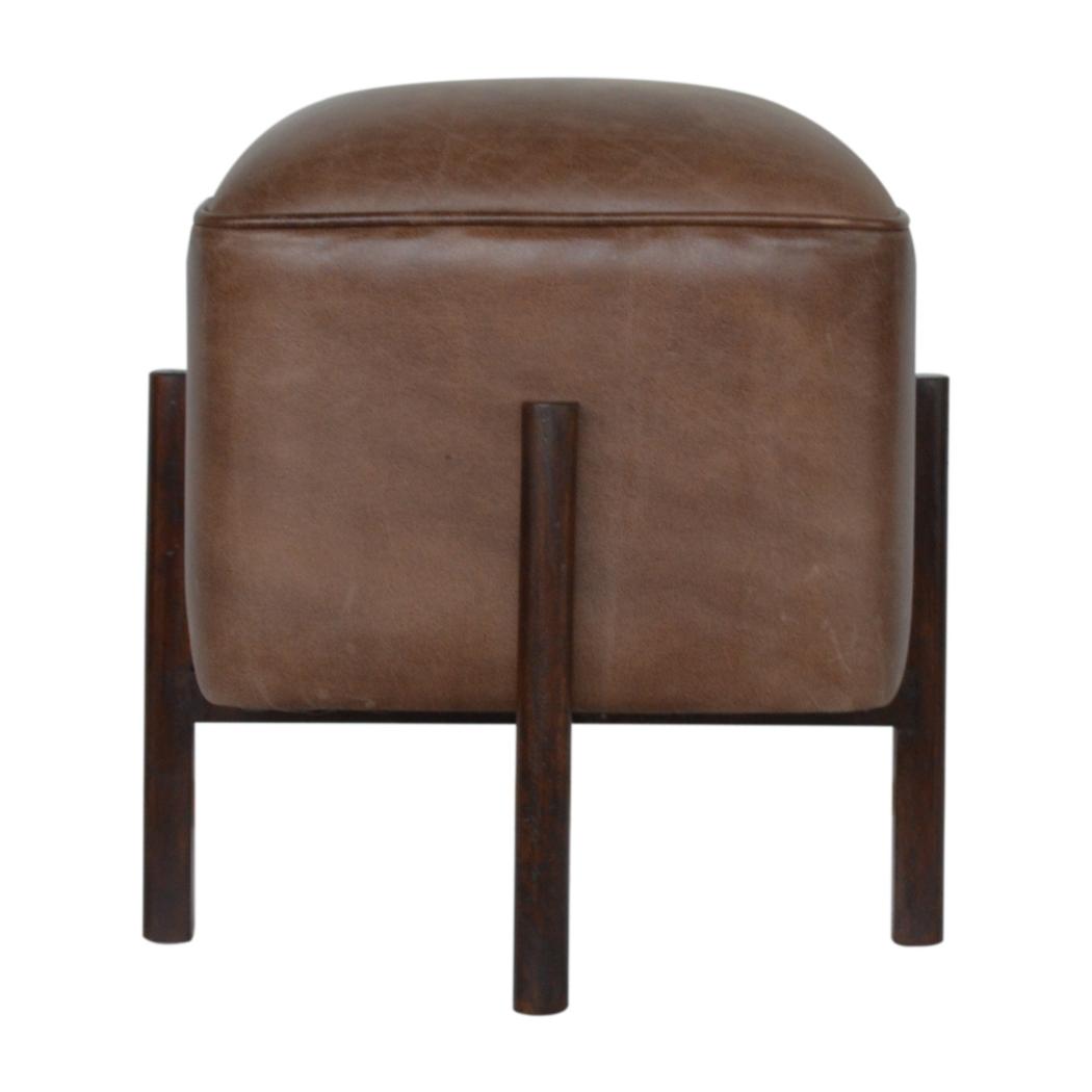 Brown Leather Footstool | Solid Leather | Solid Mango Wood Legs | Compact Accent Seating