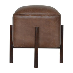 Brown Leather Footstool | Solid Leather | Solid Mango Wood Legs | Compact Accent Seating