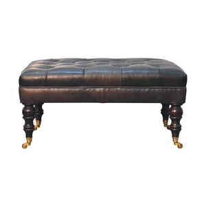 Buffalo Ash Black Leather Ottoman | Solid Mango Wood | Deep Buttoned Footstool with Castor Legs