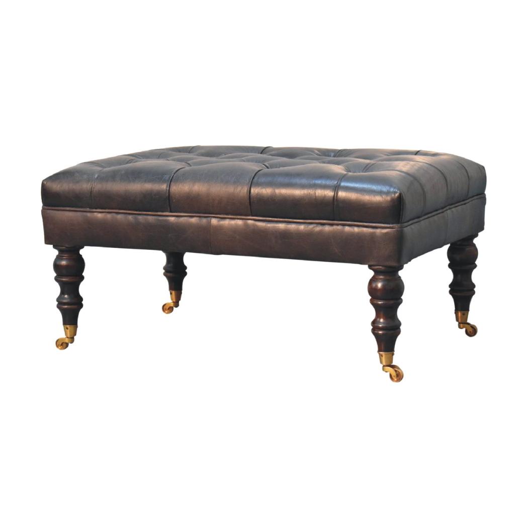 Buffalo Ash Black Leather Ottoman | Solid Mango Wood | Deep Buttoned Footstool with Castor Legs