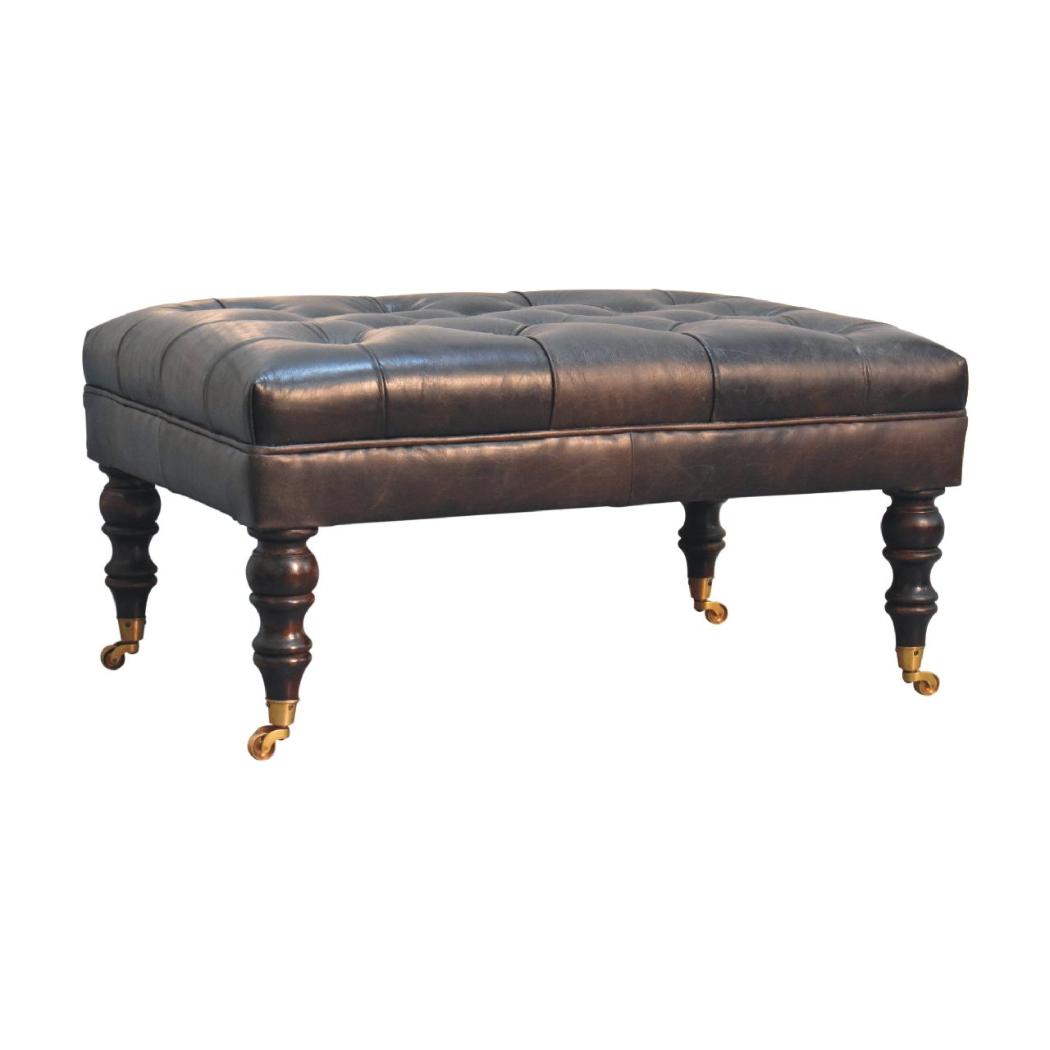 Buffalo Ash Black Leather Ottoman | Solid Mango Wood | Deep Buttoned Footstool with Castor Legs