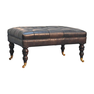 Buffalo Ash Black Leather Ottoman | Solid Mango Wood | Deep Buttoned Footstool with Castor Legs