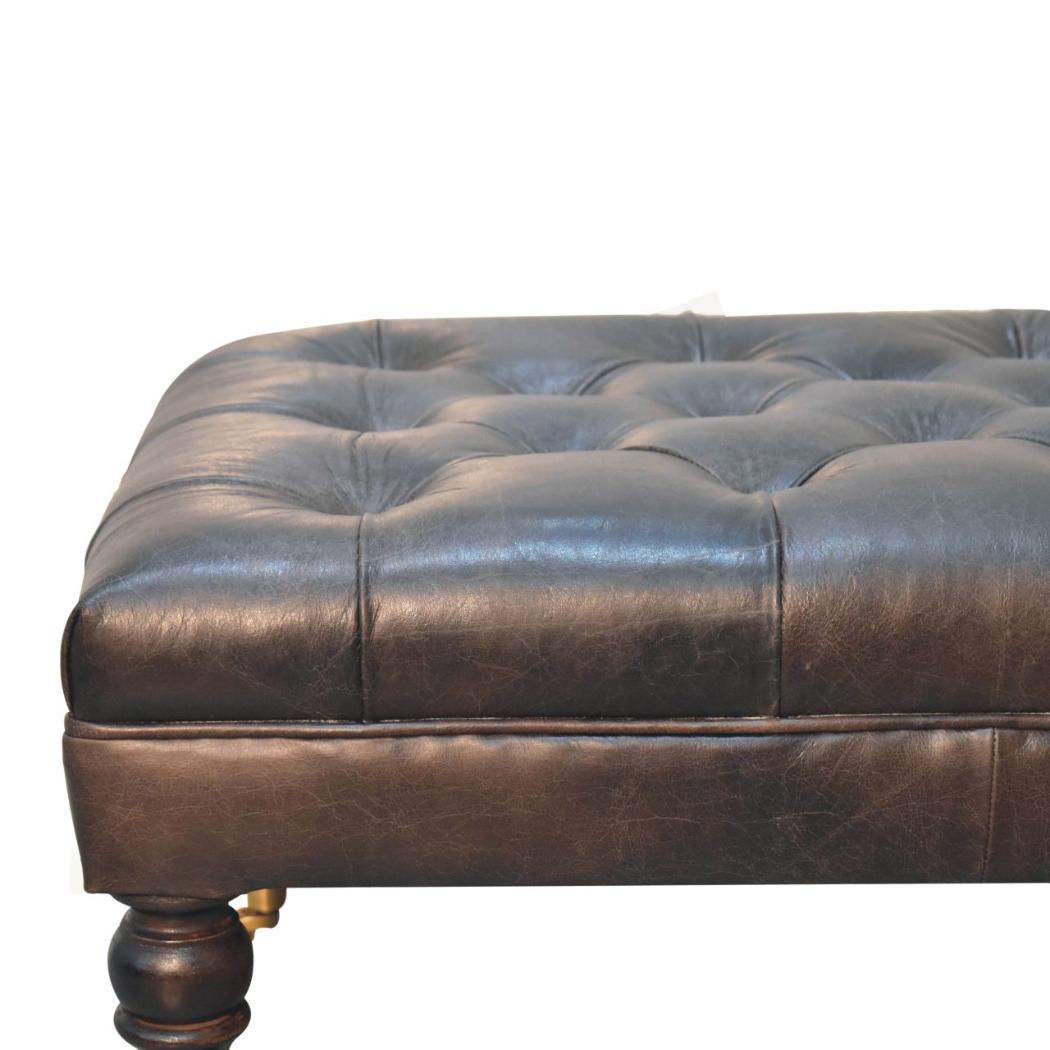 Buffalo Ash Black Leather Ottoman | Solid Mango Wood | Deep Buttoned Footstool with Castor Legs