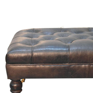Buffalo Ash Black Leather Ottoman | Solid Mango Wood | Deep Buttoned Footstool with Castor Legs
