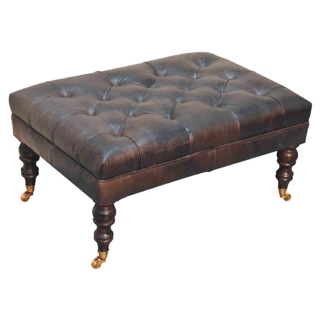 Buffalo Ash Black Leather Ottoman | Solid Mango Wood | Deep Buttoned Footstool with Castor Legs
