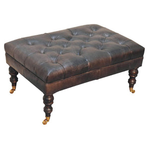 Buffalo Ash Black Leather Ottoman | Solid Mango Wood | Deep Buttoned Footstool with Castor Legs