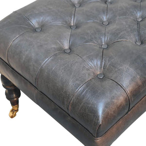 Buffalo Ash Black Leather Ottoman | Solid Mango Wood | Deep Buttoned Footstool with Castor Legs