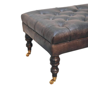 Buffalo Ash Black Leather Ottoman | Solid Mango Wood | Deep Buttoned Footstool with Castor Legs