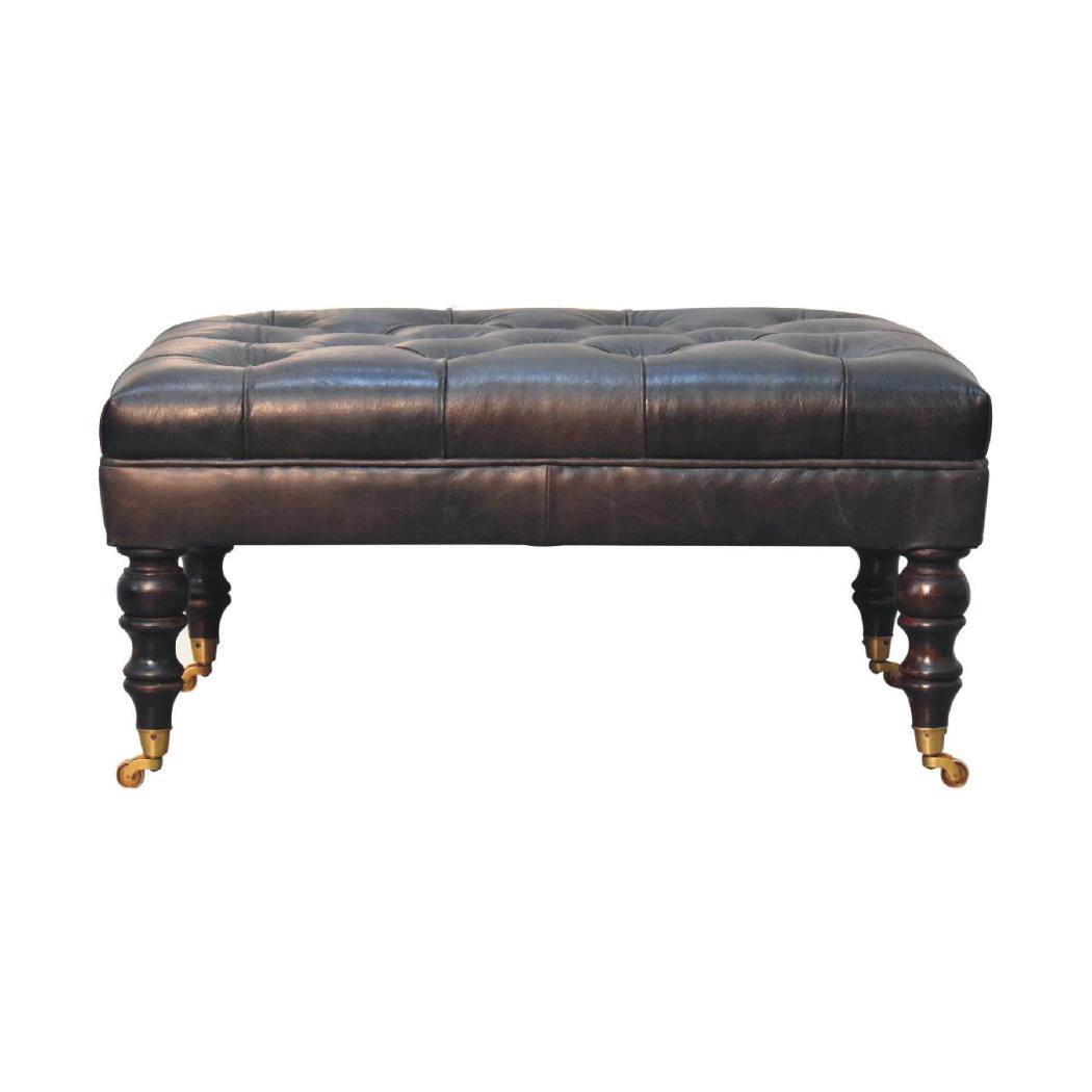 Buffalo Ash Black Leather Ottoman | Solid Mango Wood | Deep Buttoned Footstool with Castor Legs