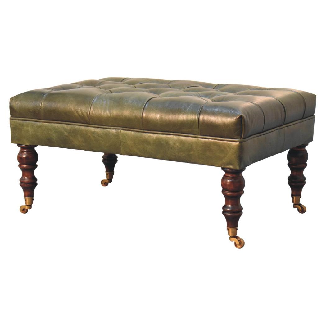 Buffalo Green Leather Ottoman with Castor Legs | Castor Leg Design