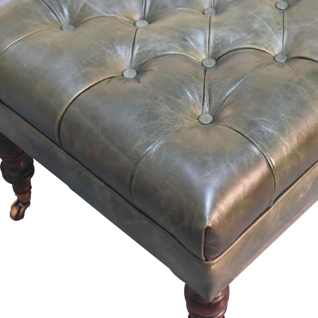 Buffalo Green Leather Ottoman with Castor Legs | Castor Leg Design