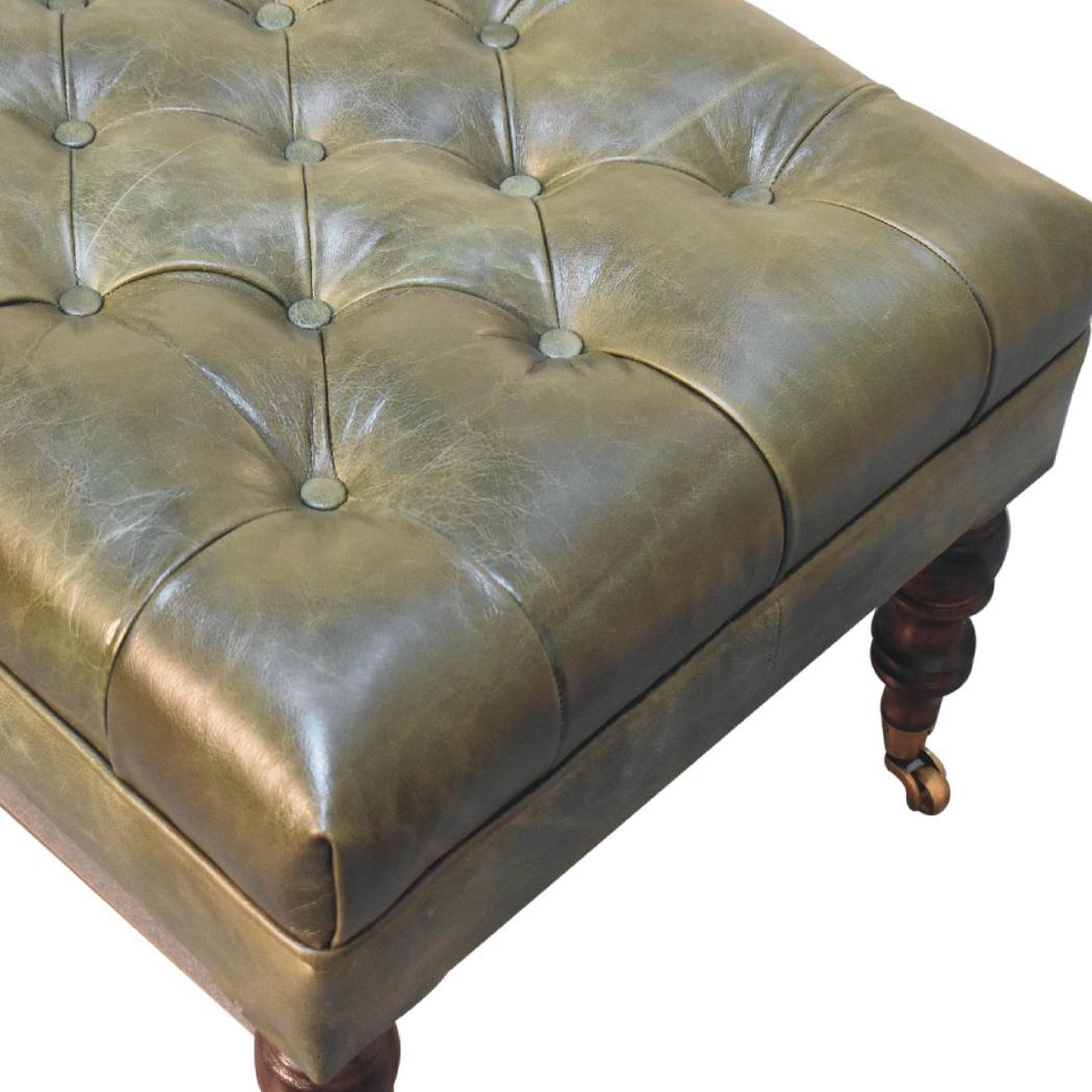 Buffalo Green Leather Ottoman with Castor Legs | Castor Leg Design