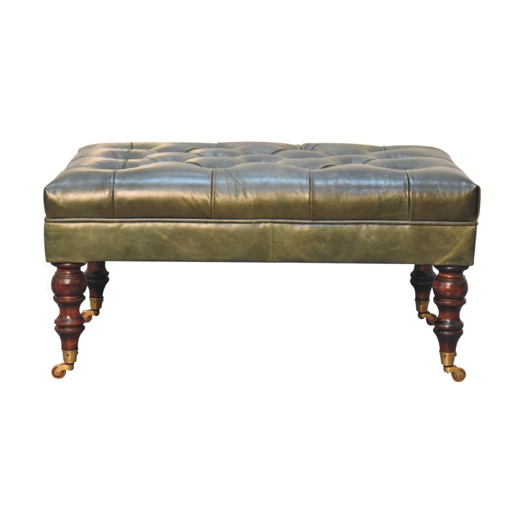 Buffalo Green Leather Ottoman with Castor Legs | Castor Leg Design