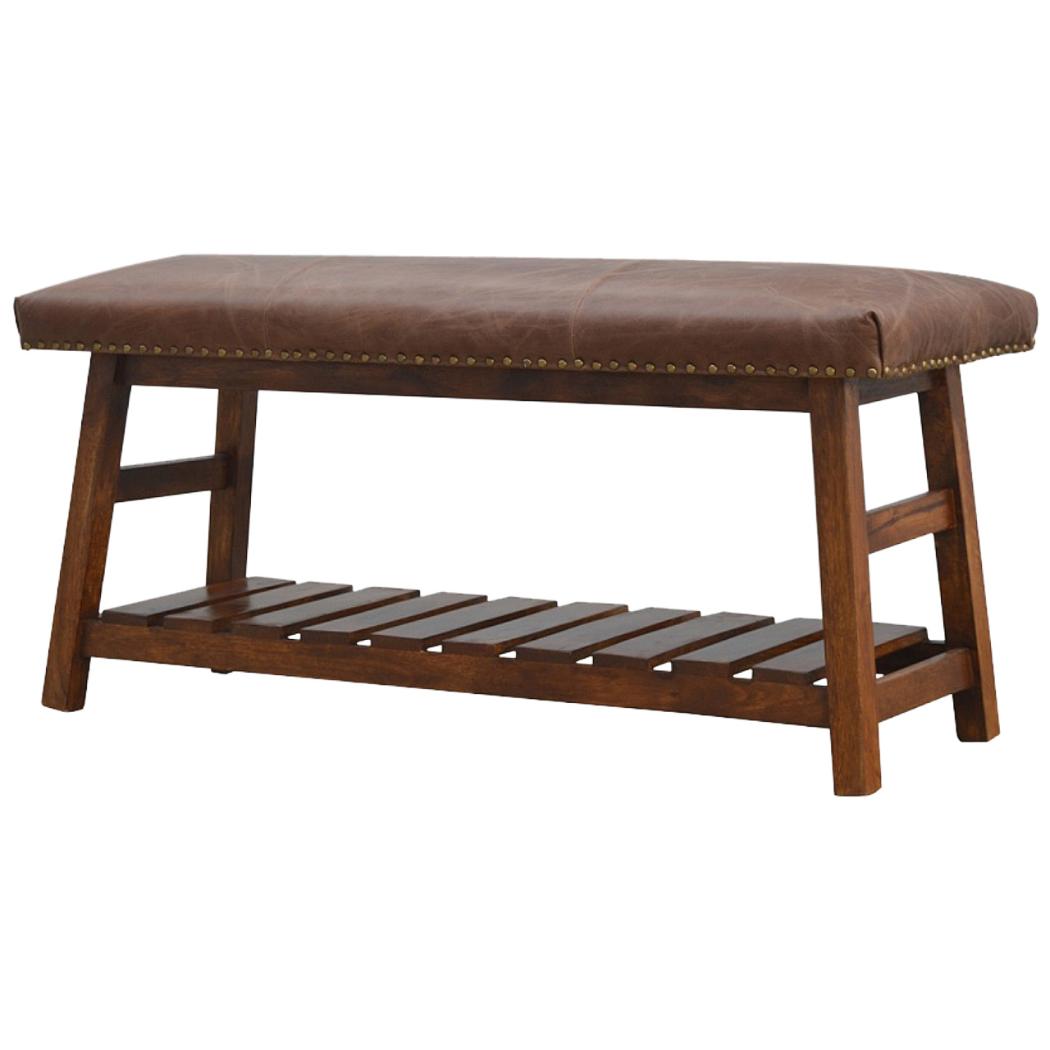 Buffalo Hide Hallway Bench | Solid Mango Wood | Leather Seat | Lower Shoe Shelf