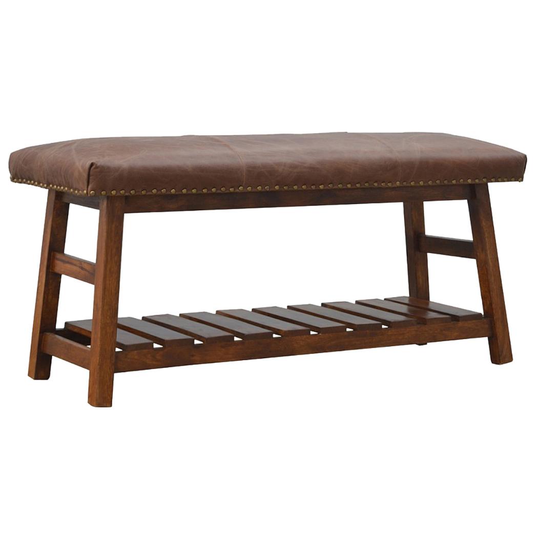Buffalo Hide Hallway Bench | Solid Mango Wood | Leather Seat | Lower Shoe Shelf