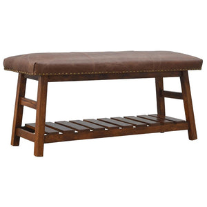 Buffalo Hide Hallway Bench | Solid Mango Wood | Leather Seat | Lower Shoe Shelf