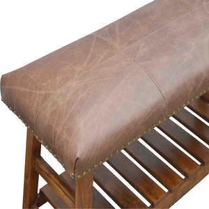 Buffalo Hide Hallway Bench | Solid Mango Wood | Leather Seat | Lower Shoe Shelf
