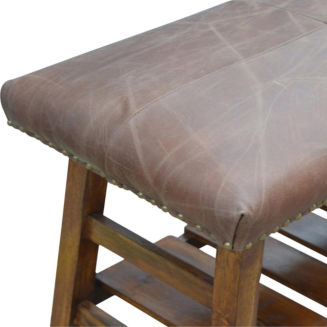 Buffalo Hide Hallway Bench | Solid Mango Wood | Leather Seat | Lower Shoe Shelf