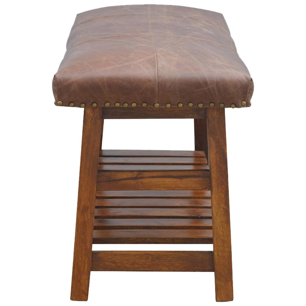 Buffalo Hide Hallway Bench | Solid Mango Wood | Leather Seat | Lower Shoe Shelf