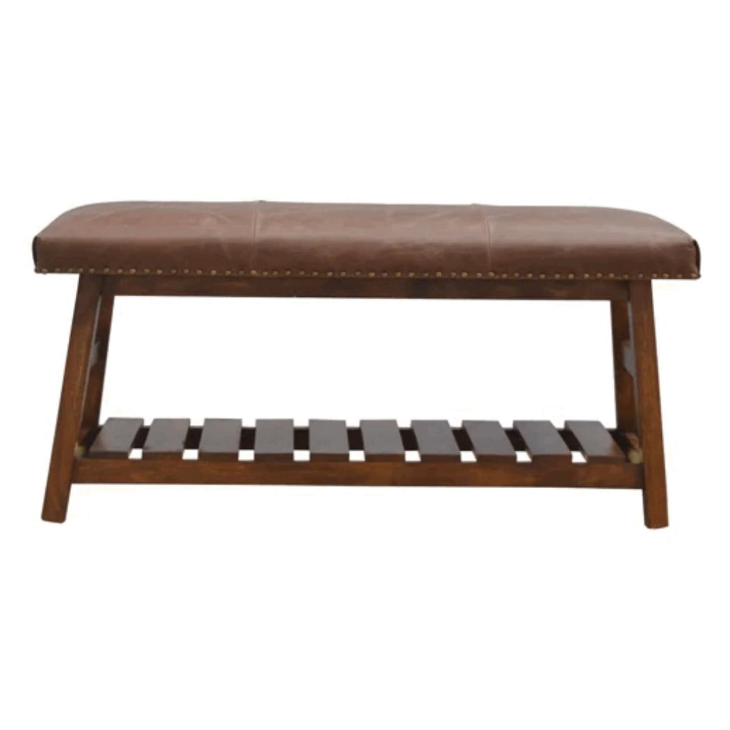 Buffalo Hide Hallway Bench | Solid Mango Wood | Leather Seat | Lower Shoe Shelf
