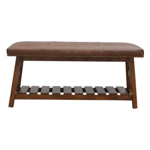 Buffalo Hide Hallway Bench | Solid Mango Wood | Leather Seat | Lower Shoe Shelf