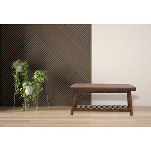 Buffalo Hide Hallway Bench | Solid Mango Wood | Leather Seat | Lower Shoe Shelf