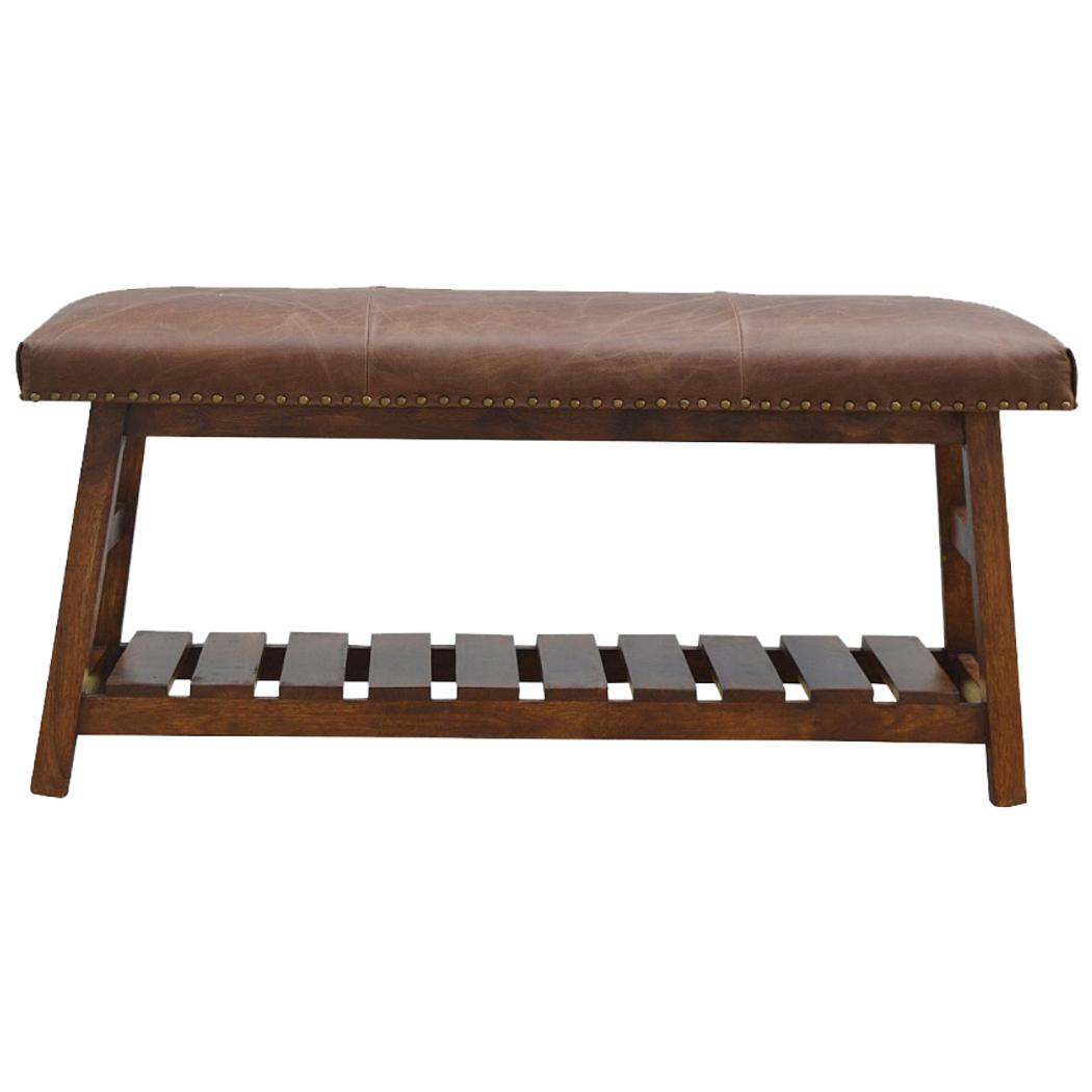 Buffalo Hide Hallway Bench | Solid Mango Wood | Leather Seat | Lower Shoe Shelf