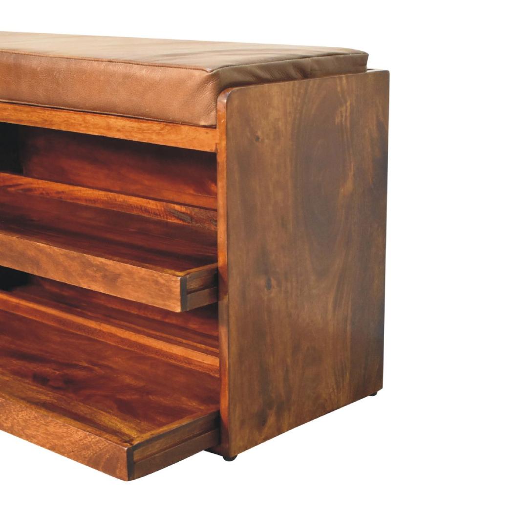 Buffalo Hide Pull-Out Chestnut Shoe Storage Bench | Pull-Out Shoe Storage