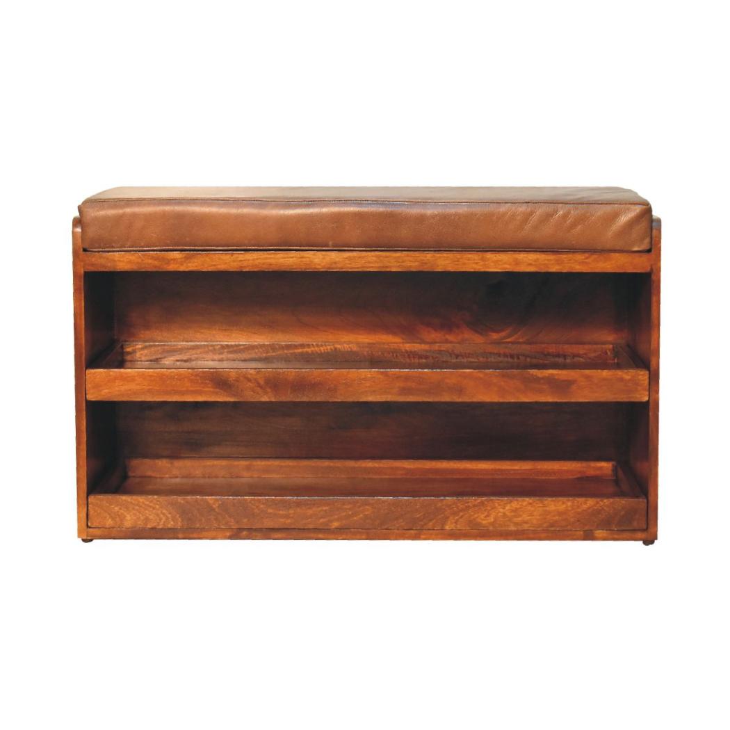 Buffalo Hide Pull-Out Chestnut Shoe Storage Bench | Pull-Out Shoe Storage