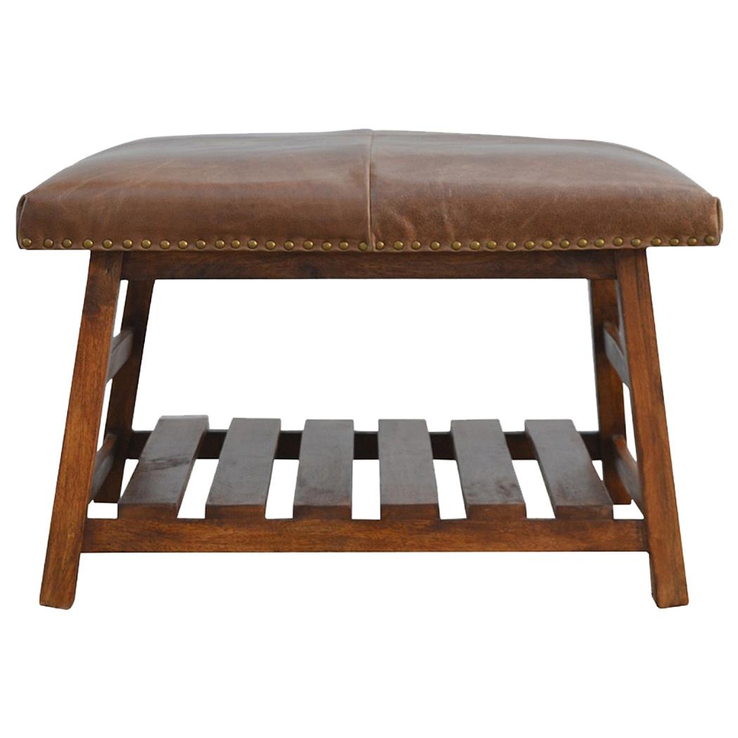 Buffalo Hide Square Footstool | Leather Upholstery | Compact Accent Stool