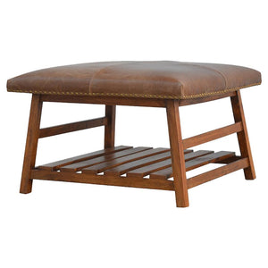 Buffalo Hide Square Footstool | Leather Upholstery | Compact Accent Stool