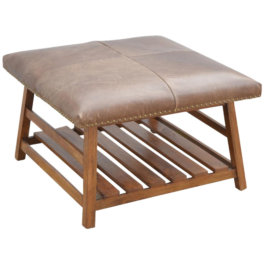 Buffalo Hide Square Footstool | Leather Upholstery | Compact Accent Stool