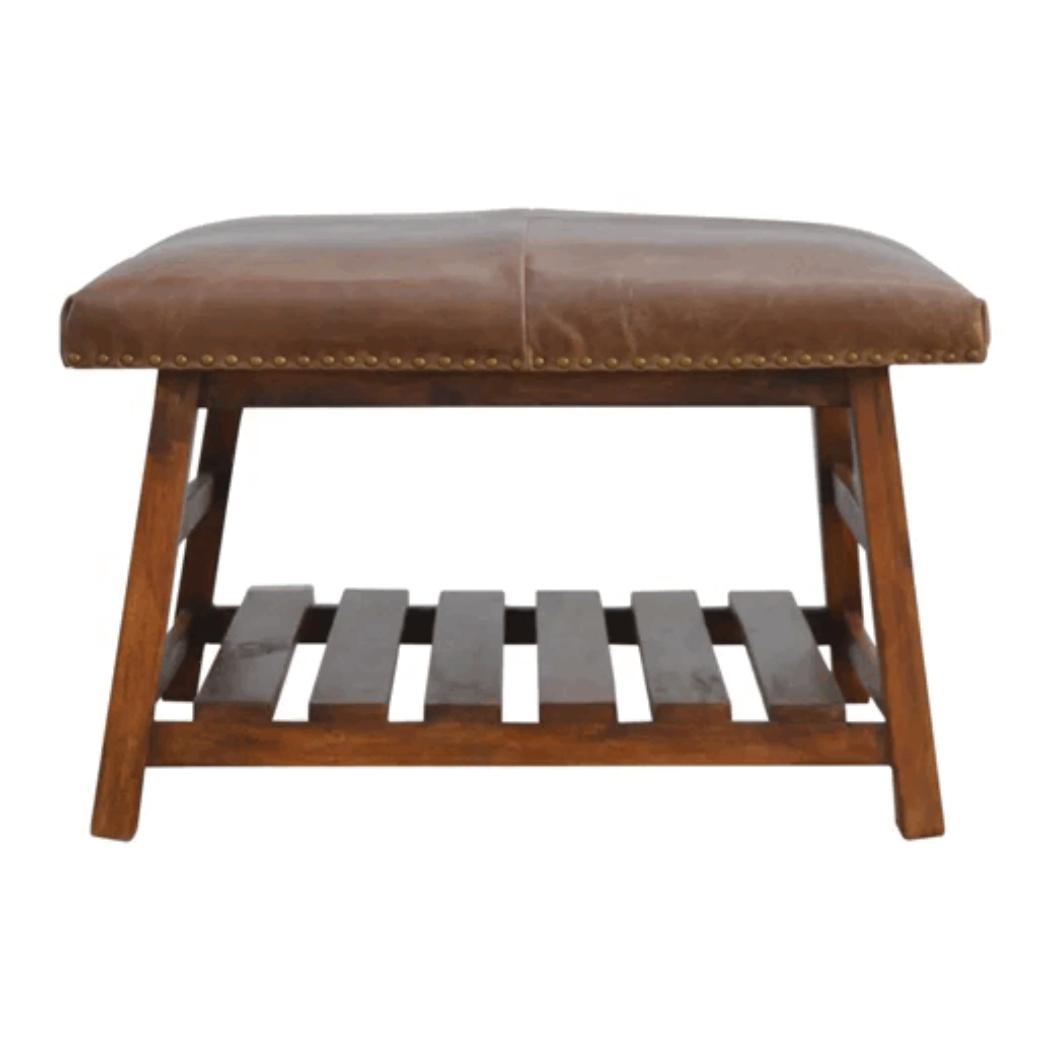 Buffalo Hide Square Footstool | Leather Upholstery | Compact Accent Stool