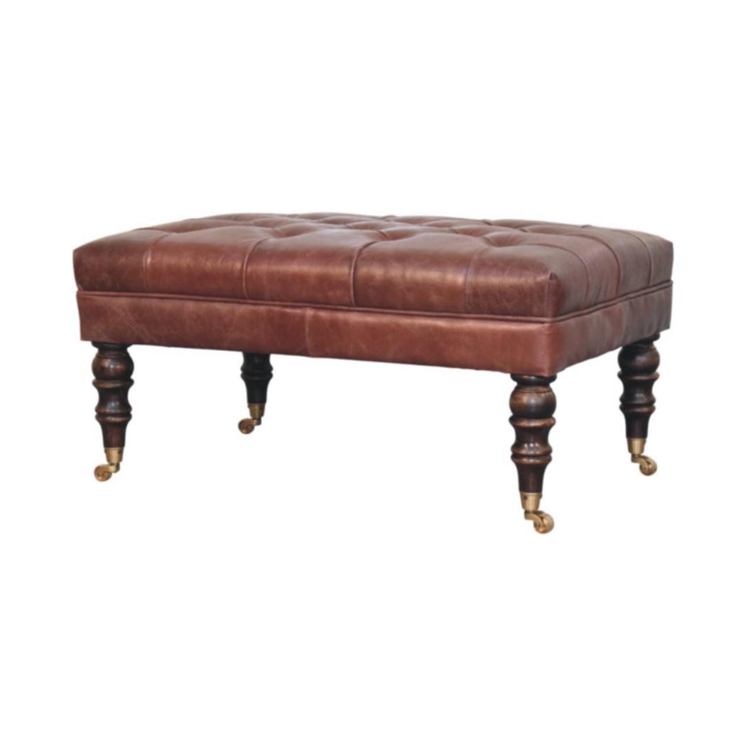 Buffalo Leather Ottoman | Brown Hide | Castor Legs